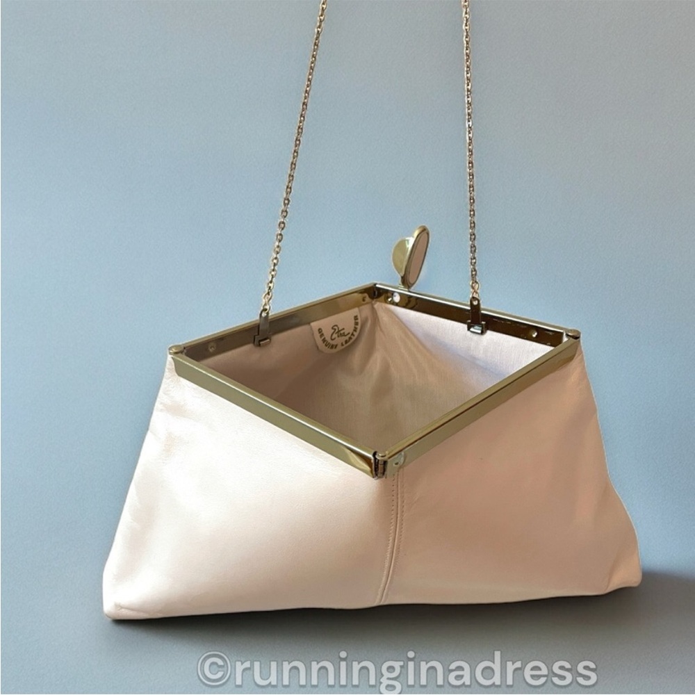 Etra Vintage 70s Ivory Leather Hinged Frame Clutch Crossbody Bag Gold